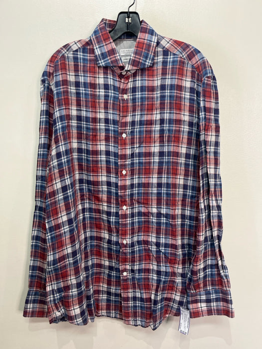 Brunello Cucinelli Size XXL Blue & Red Linen Blend Plaid Men's Long Sleeve Shirt