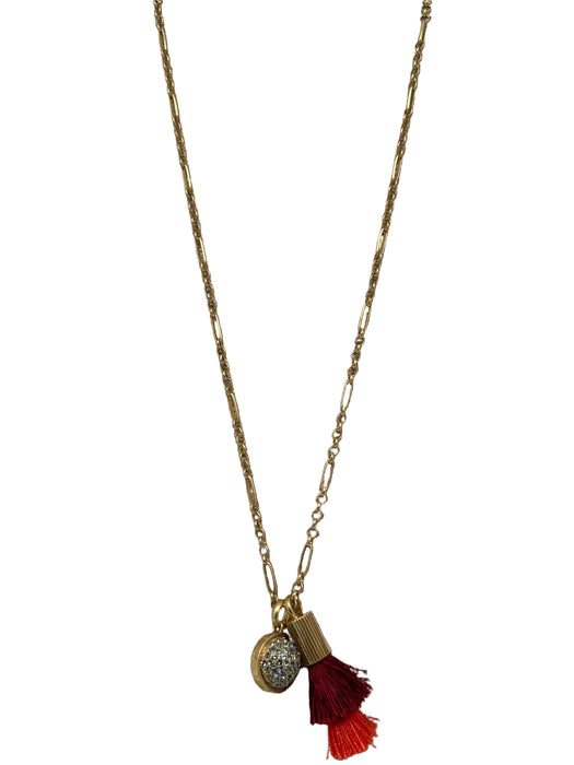 India Hicks Red, Orange, Gold Metal Fringe Rhinestone Charms Long Necklace