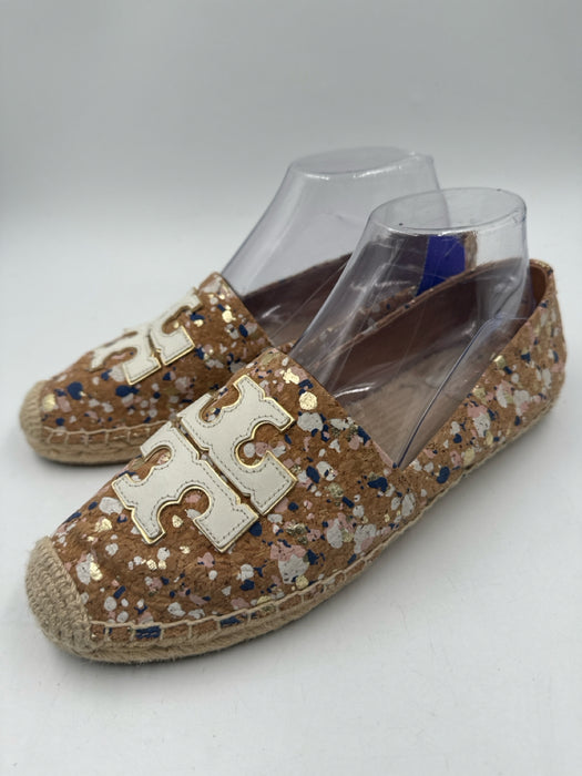 Tory Burch Shoe Size 9 Brown, white & blue Cork Leather Logo Slip On Espadrille