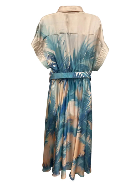 Leo Lin Size 10 Blue & Peach Viscose Short Sleeve Abstract Print Buttons Dress