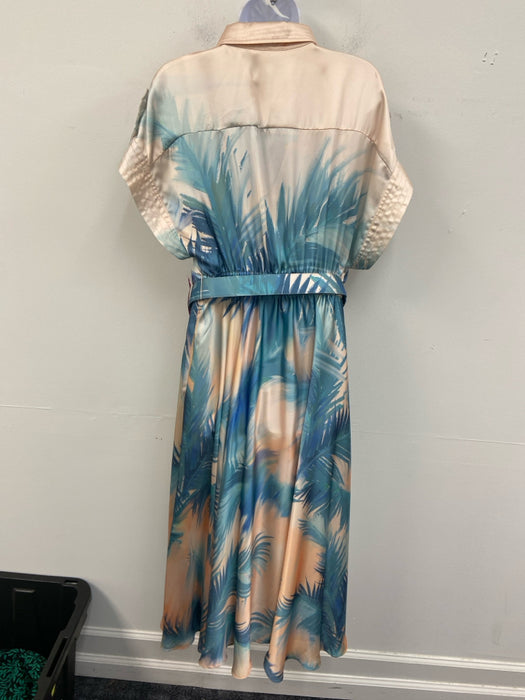 Leo Lin Size 10 Blue & Peach Viscose Short Sleeve Abstract Print Buttons Dress