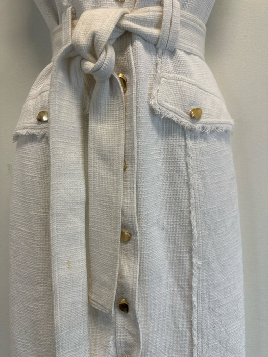 Aje Size 8 Cream White Cotton Sleeveless Frayed Edge Button Front Blazer Dress