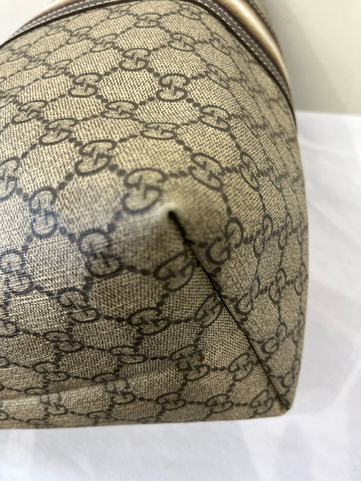 Gucci Beige & Brown Leather Monogram Canvas Stripe Detail Tote Bag
