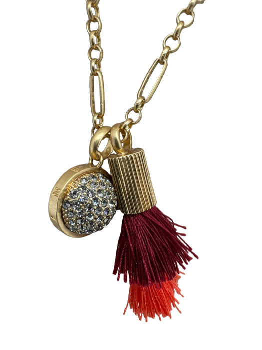India Hicks Red, Orange, Gold Metal Fringe Rhinestone Charms Long Necklace