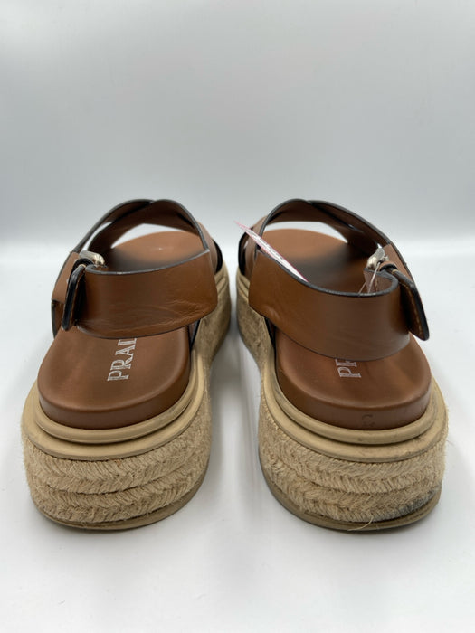 Prada Shoe Size 40 Brown & Beige Leather Espadrille Criss Cross Sandals