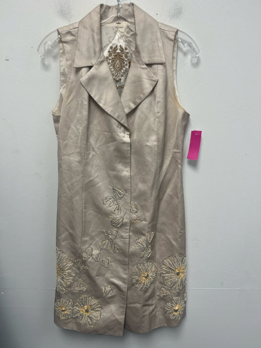 Biya Size S Beige Rayon & Linen Beaded Sleeveless Collared Button Front Dress