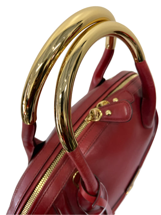 Salvatore Ferragamo Red & Gold Leather 2 Handles Gold Hammered Ring Bowler Bag