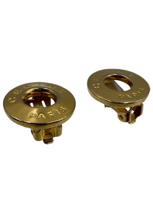 Celine Gold Metal Circle Logo Clip On Vintage Earrings