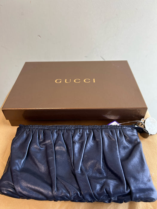 Gucci Navy Blue Leather Zip Close Pleated Detail Wristlet Bag