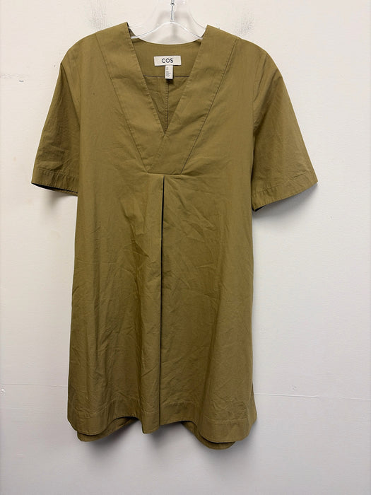 COS Size 6 Olive Green Cotton Short Sleeve V Neck Pleat Mini Dress