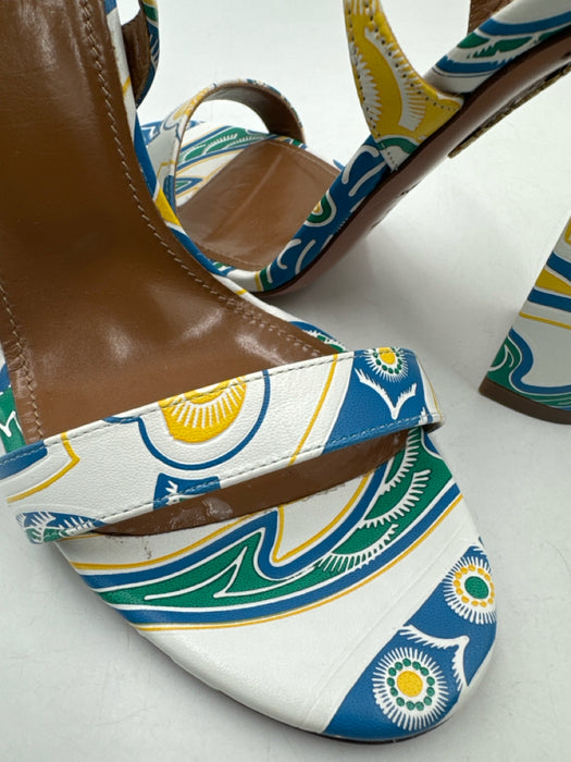 Aquazzura Shoe Size 37 White Blue & Yellow Leather open toe Paisley Pumps