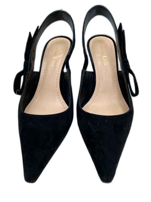Christian Dior Shoe Size 37.5 Black Suede Pointed Toe Bow Slingback Pumps Black / 37.5
