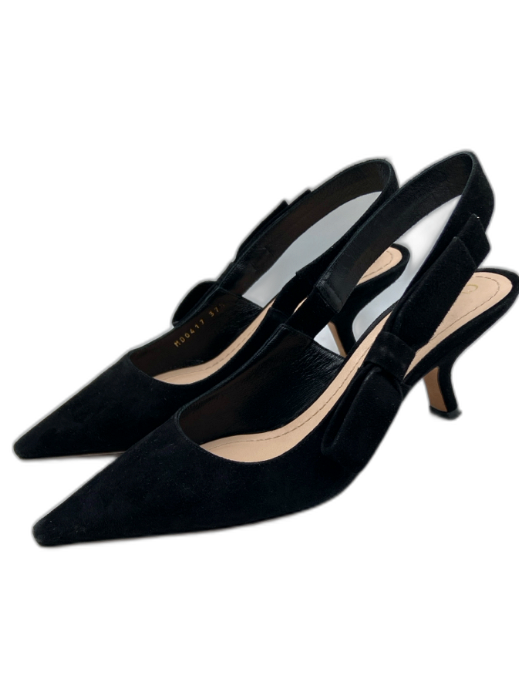Christian Dior Shoe Size 37.5 Black Suede Pointed Toe Bow Slingback Pumps Black / 37.5