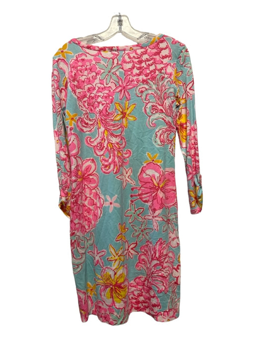 Lilly Pulitzer Size S Aqua & Pink Print Pima Cotton Long Sleeve Flowers Dress Aqua & Pink Print / S