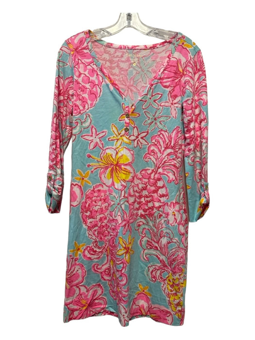 Lilly Pulitzer Size S Aqua & Pink Print Pima Cotton Long Sleeve Flowers Dress Aqua & Pink Print / S