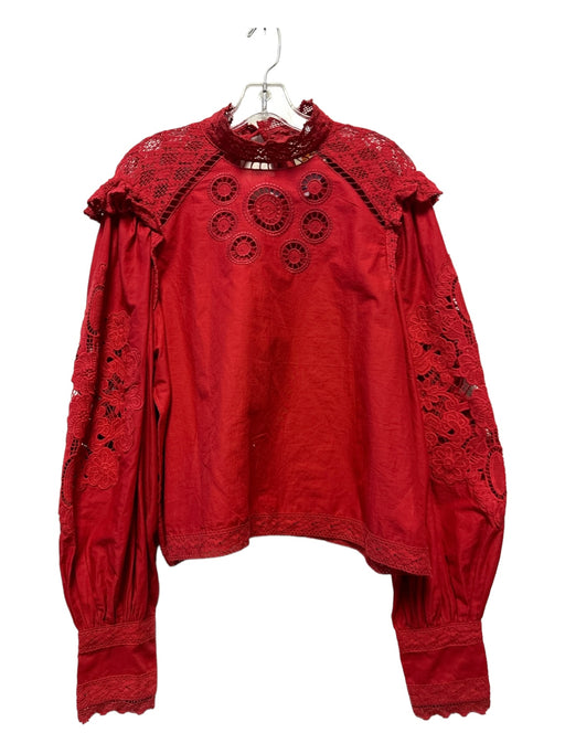 Farm Rio Size M Red Cotton Long Sleeve Lace Detail Top Red / M