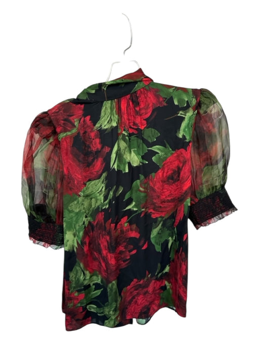 Alice & Olivia Size M Red & Black Viscose Short Balloon Sleeve Flowers Top Red & Black / M