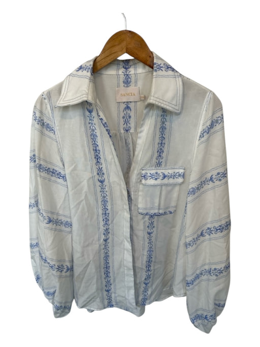 Sancia Size XS White & Blue Tencel & Linen Long Balloon Sleeve Floral Top White & Blue / XS