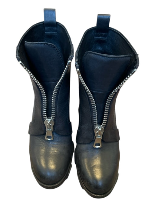 Rag & Bone Shoe Size 37.5 Black & Silver Leather Block Heel Front Zip Moto Boots Black & Silver / 37.5