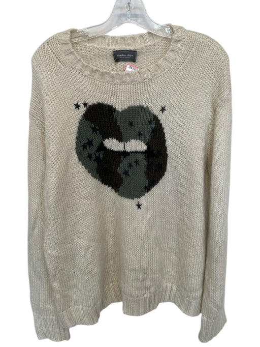 Wooden Ships Size M/L Cream & Green Mohair Blend Long Sleeve Lips Knit Sweater Cream & Green / M/L