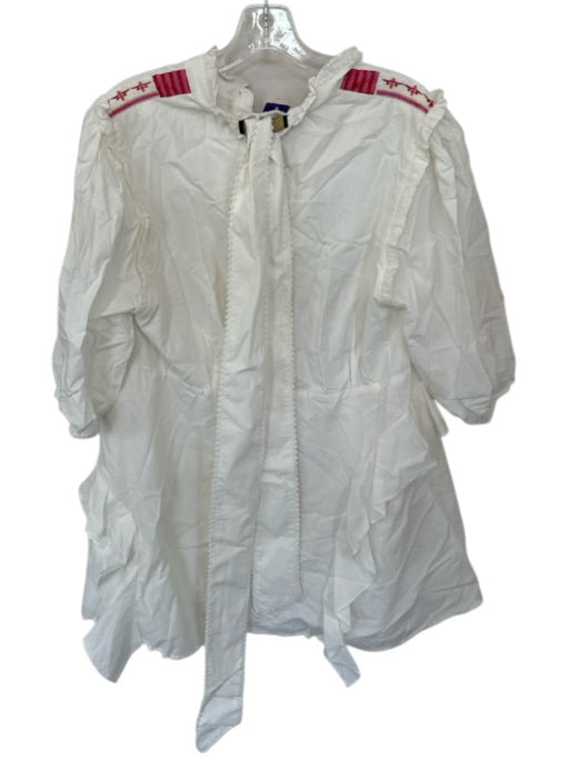 Veroalfie Size 2/M White & Pink Cotton Short Puff Sleeve Belt Inc Mini Dress White & Pink / 2/M
