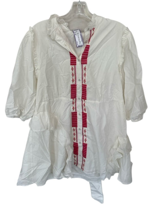 Veroalfie Size 2/M White & Pink Cotton Short Puff Sleeve Belt Inc Mini Dress White & Pink / 2/M