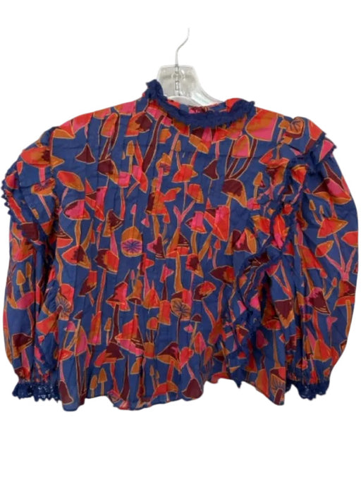 Farm Rio Size S Blue, Orange & Pink Cotton Half Sleeve Mushroom Lace Trim Top Blue, Orange & Pink / S