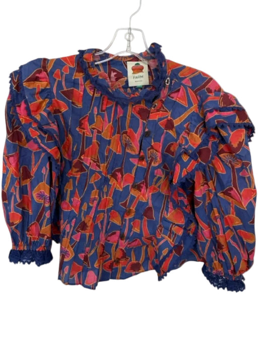 Farm Rio Size S Blue, Orange & Pink Cotton Half Sleeve Mushroom Lace Trim Top Blue, Orange & Pink / S