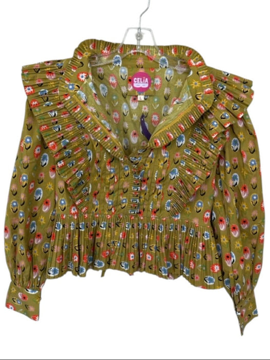 Celia B Size L Beige & Multi Cotton Structured Long Sleeve Flowers Top Beige & Multi / L