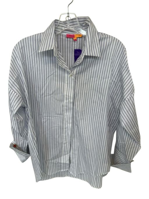 Vilagallo Size 38/S White & Blue Cotton Pinstripe Sleeve Buttons Long Sleeve Top White & Blue / 38/S