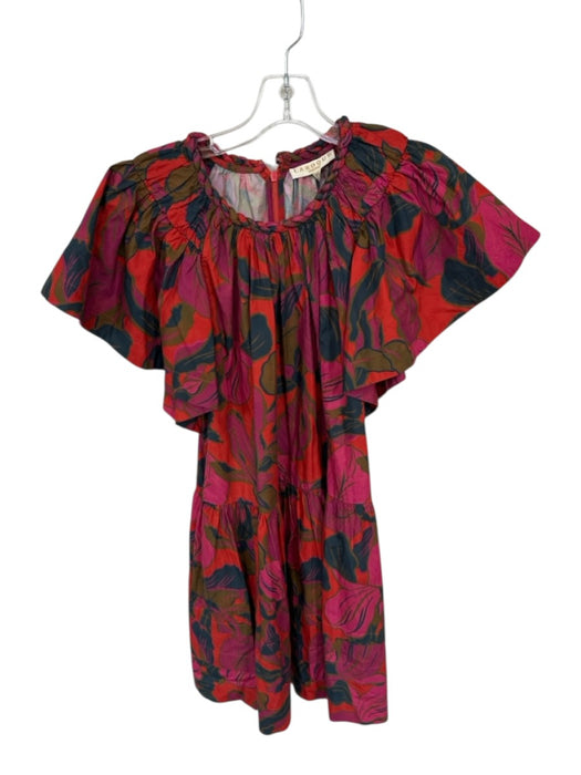 La Roque Size XS Pink, Red & Blue Cotton Botanical Leaves Short Sleeve Dress Pink, Red & Blue / XS