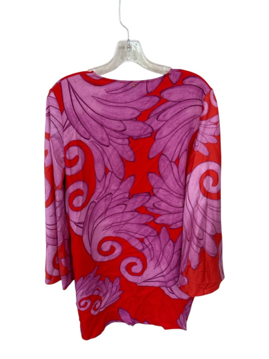 Themis Z Size 42 Red & Magenta Cotton Bell Sleeve Graphic V Neck Midi Dress Red & Magenta / 42