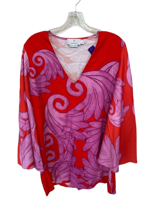 Themis Z Size 42 Red & Magenta Cotton Bell Sleeve Graphic V Neck Midi Dress Red & Magenta / 42