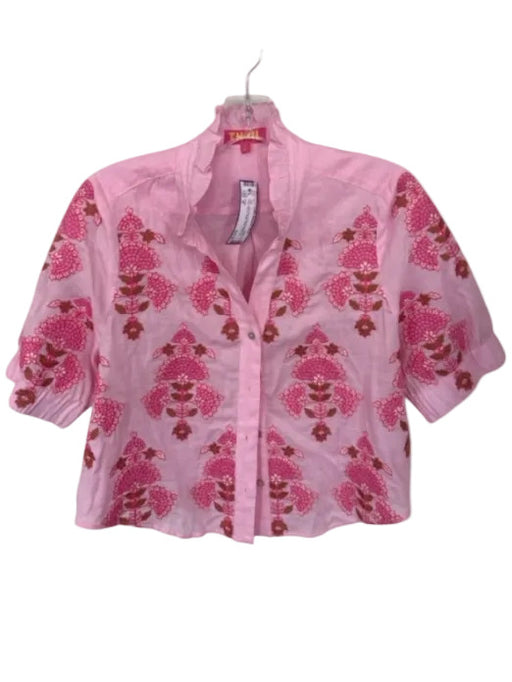 THML Size M Pink Linen Blend embroidered floral Short Sleeve Ruffle Neck Top Pink / M