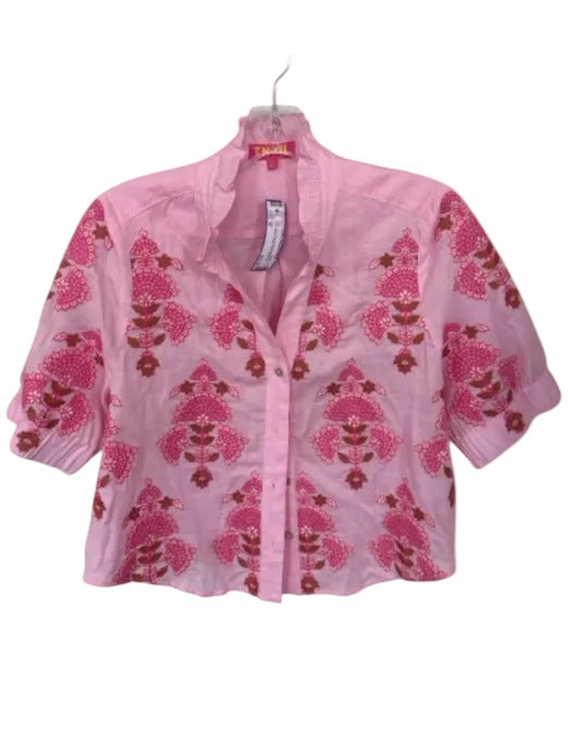 THML Size M Pink Linen Blend embroidered floral Short Sleeve Ruffle Neck Top Pink / M