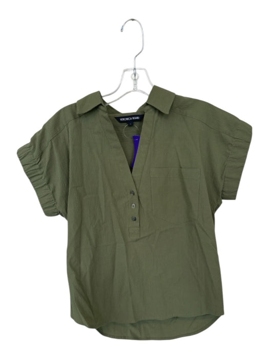Veronica Beard Size S Olive Cotton Seersucker Short Sleeve Elastic sleeve Top Olive / S