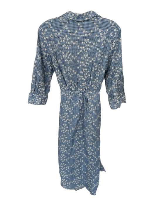 Shoshanna Size M Blue & White Cotton Gingham Floral Embroidery belt tie Dress Blue & White / M