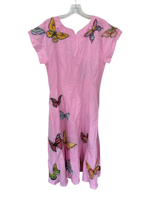 Fanm Mon Size L Pink Linen Embroidered Butterflies Short Sleeve Maxi Dress Pink / L