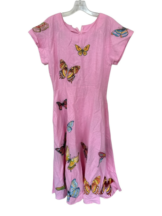 Fanm Mon Size L Pink Linen Embroidered Butterflies Short Sleeve Maxi Dress Pink / L