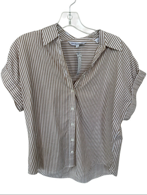 Veronica Beard Size 4 Tan & White Cotton Short Sleeve Striped Collar Button Top Tan & White / 4