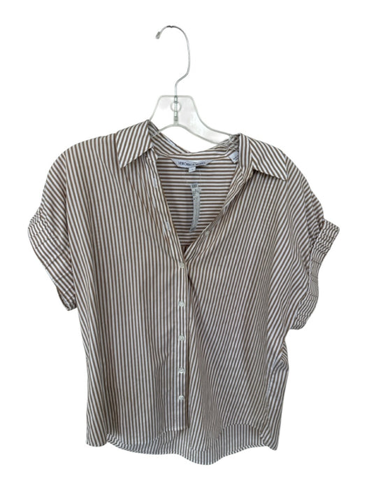 Veronica Beard Size 4 Tan & White Cotton Short Sleeve Striped Collar Button Top Tan & White / 4