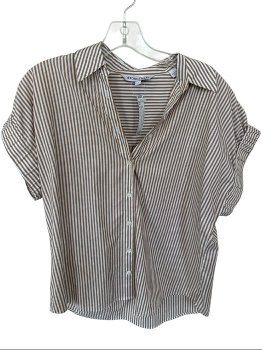 Veronica Beard Size 4 Tan & White Cotton Short Sleeve Striped Collar Button Top Tan & White / 4