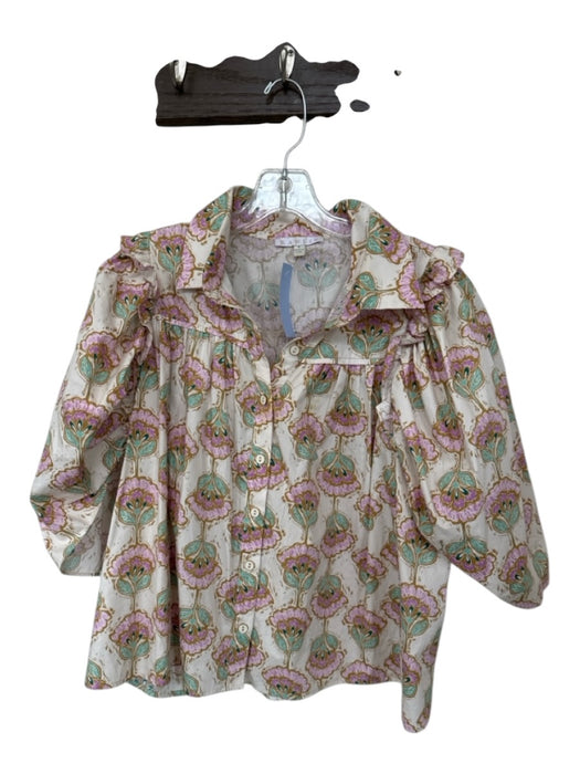 Karlie Size S Purple & Green Cotton Long Balloon Sleeve Flowers Buttons Top Purple & Green / S