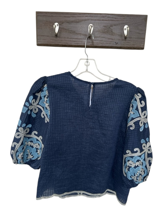 THML Size S Navy & Cream Cotton Long Balloon Sleeve Embroidered Textured Top Navy & Cream / S