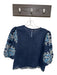 THML Size S Navy & Cream Cotton Long Balloon Sleeve Embroidered Textured Top Navy & Cream / S