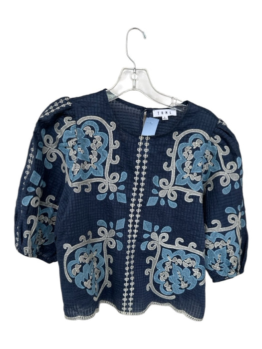 THML Size S Navy & Cream Cotton Long Balloon Sleeve Embroidered Textured Top Navy & Cream / S
