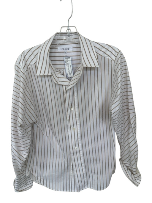 Frame Size S white & tan Cotton Long Balloon Sleeve Striped Button Down Top white & tan / S