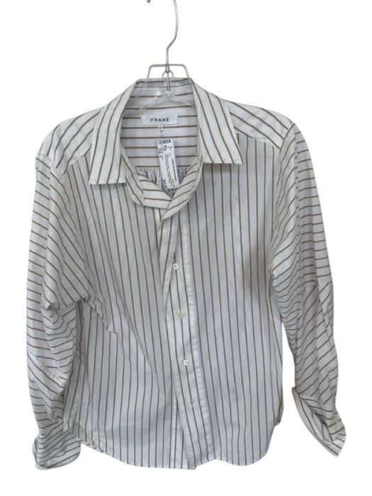 Frame Size S white & tan Cotton Long Balloon Sleeve Striped Button Down Top white & tan / S