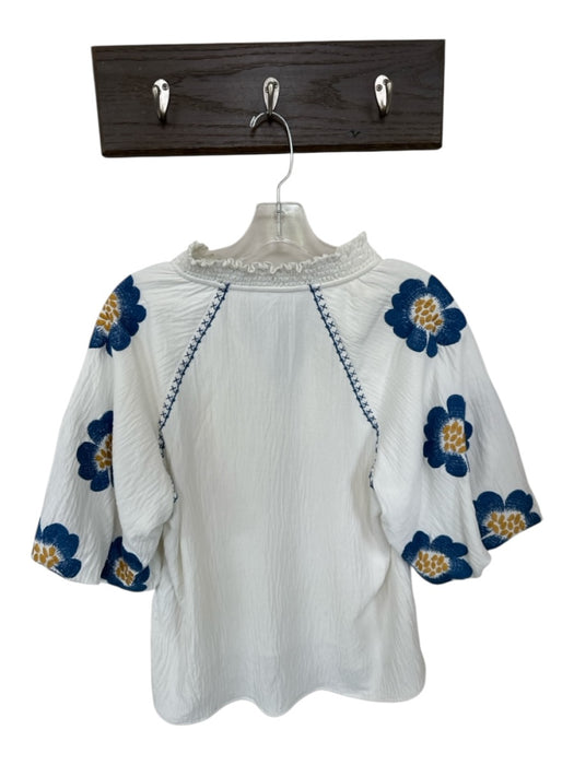 THML Size M White & Blue Polyester 3/4 Balloon Sleeve Embroidered V Neck Top White & Blue / M