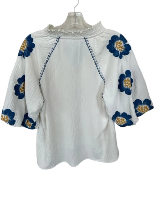 THML Size M White & Blue Polyester 3/4 Balloon Sleeve Embroidered V Neck Top White & Blue / M